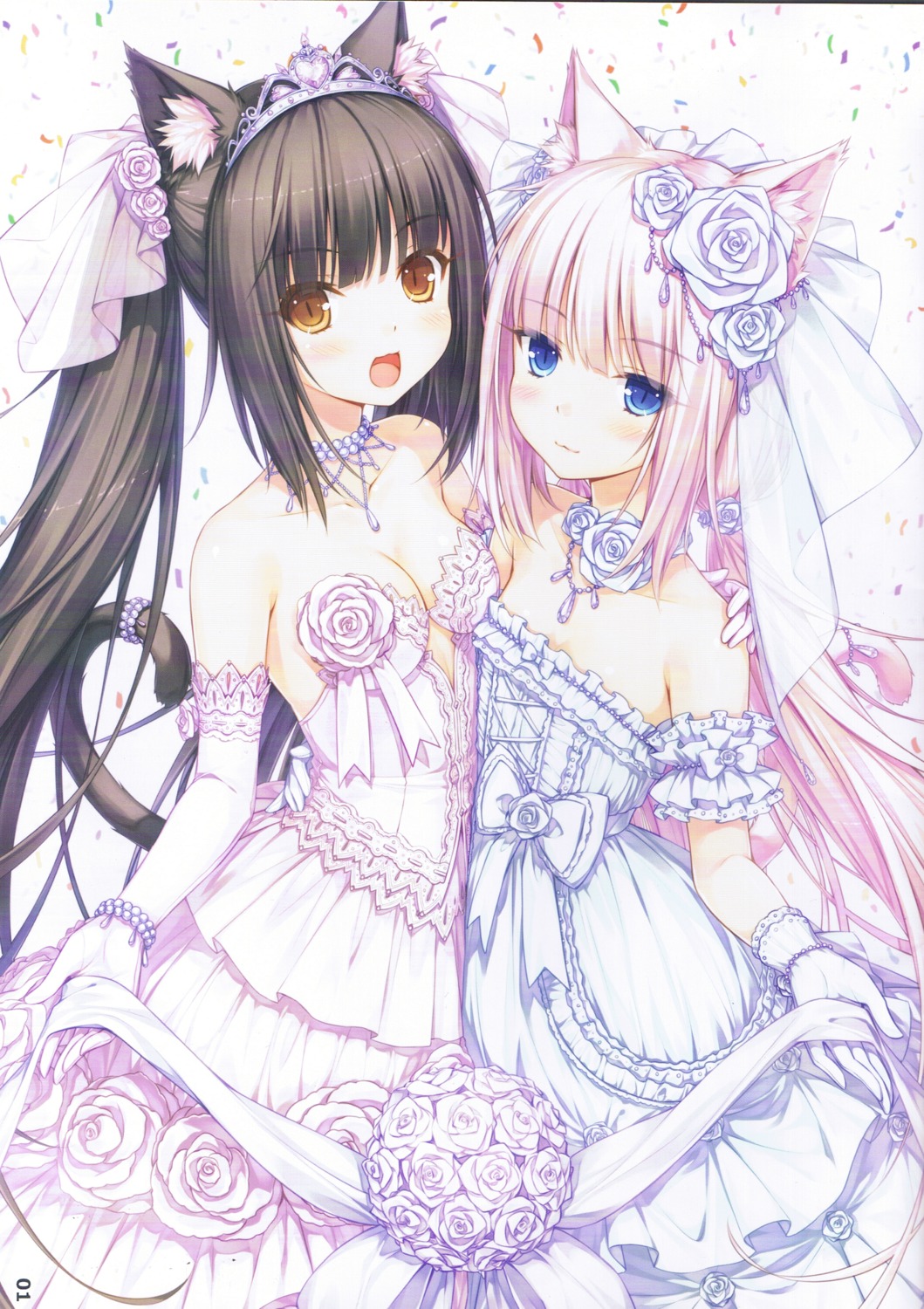 animal_ears chocola cleavage dress neko_works nekomimi nekopara no_bra paper_texture sayori tail vanilla wedding_dress