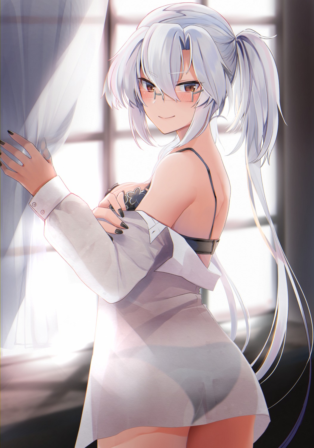 ass bra dress_shirt kantai_collection megane musashi_(kancolle) pantsu see_through undressing yunamaro