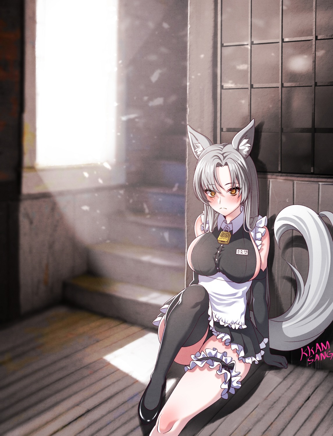 animal_ears eun_soyeon_(lustyfox) garter kkamsang maid no_bra pantsu skirt_lift tail thighhighs