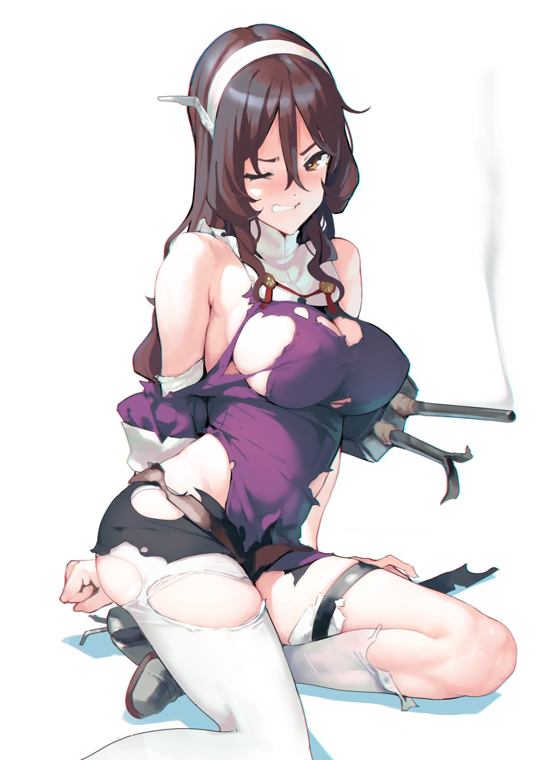 ashigara_(kancolle) ataruman erect_nipples garter kantai_collection no_bra torn_clothes