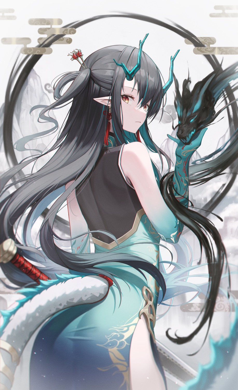 ass dress horns pointy_ears sword tagme tail