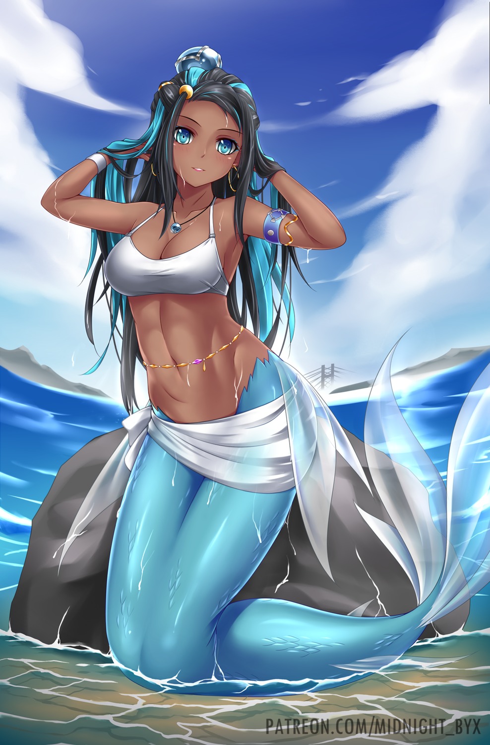 bikini_top cleavage mermaid midnight monster_girl pokemon pokemon_swsh rurina_(pokemon) see_through swimsuits tail wet