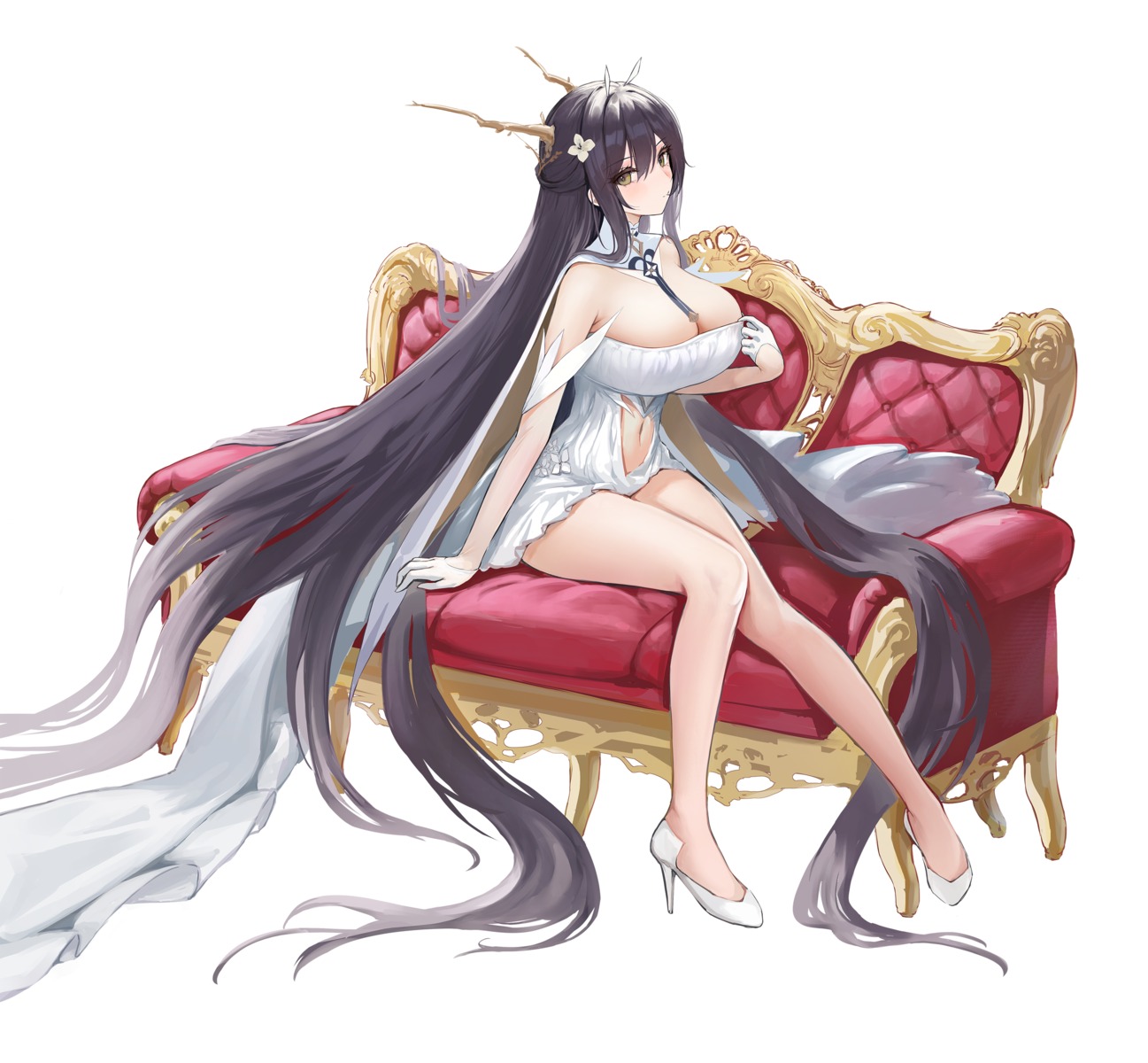 azur_lane dress heels horns indomitable_(azur_lane) no_bra sauvignon