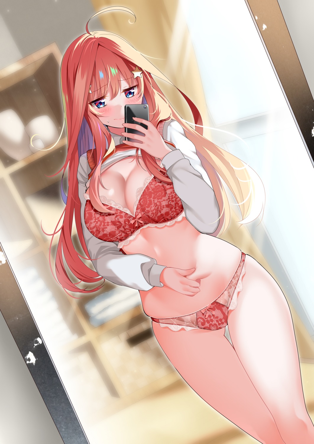 5-toubun_no_hanayome bra cleavage nakano_itsuki pantsu piyopoyo seifuku selfie shirt_lift sweater