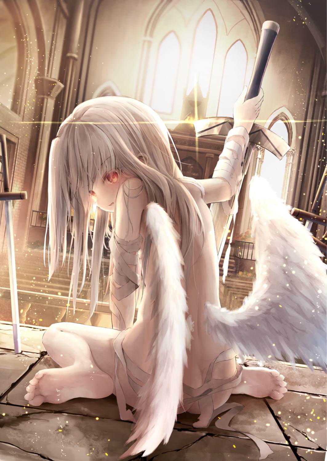 ass bandages fate/kaleid_liner_prisma_illya fate/stay_night feet illyasviel_von_einzbern loli naked_ribbon sword utatanecocoa wings