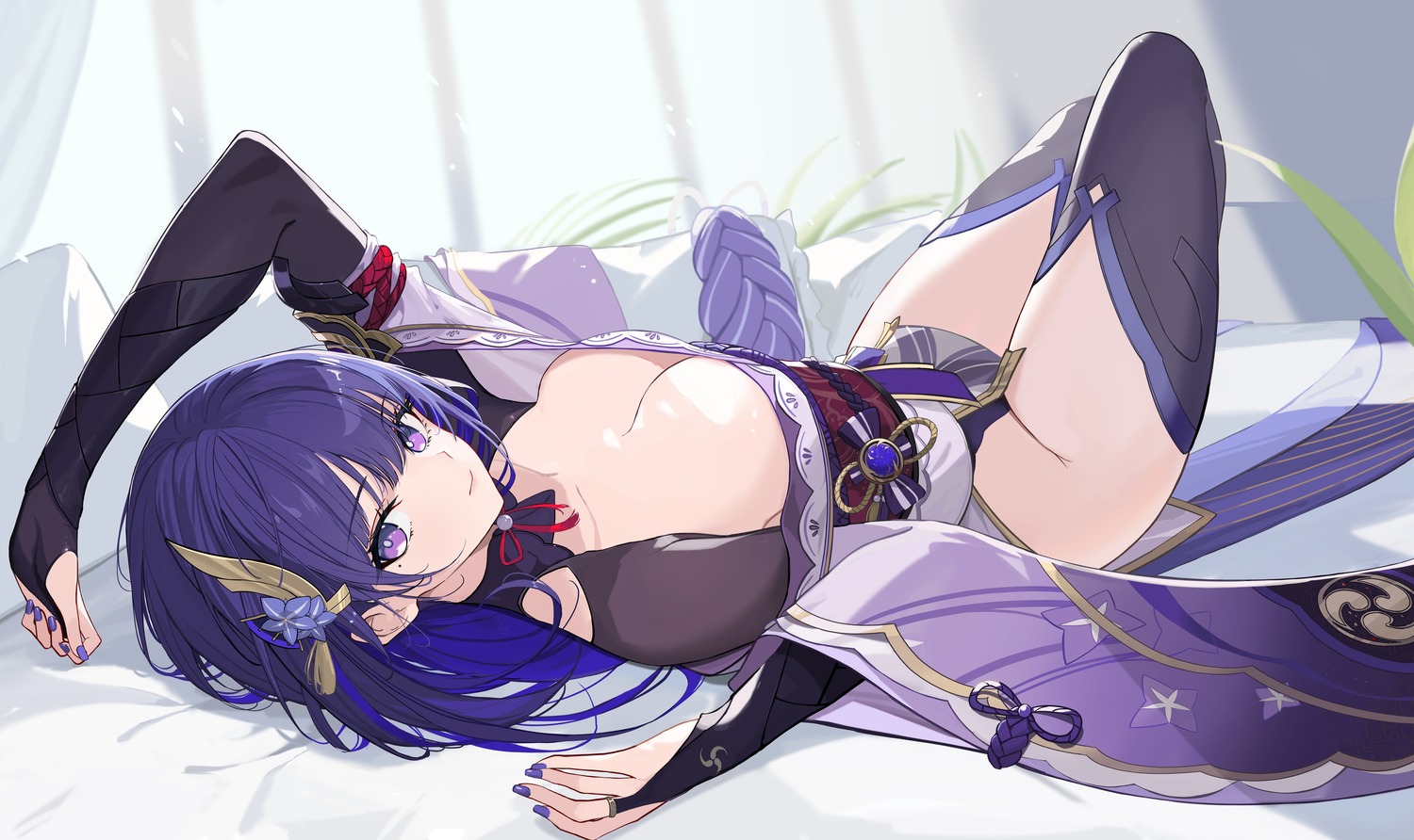 genshin_impact japanese_clothes no_bra open_shirt pantsu raiden_shogun rikui_(rella2930) thighhighs