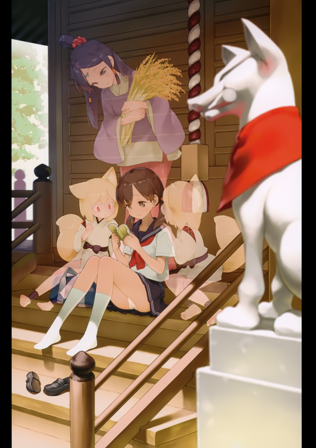 animal_ears gayarou japanese_clothes kitsune pantsu seifuku tail