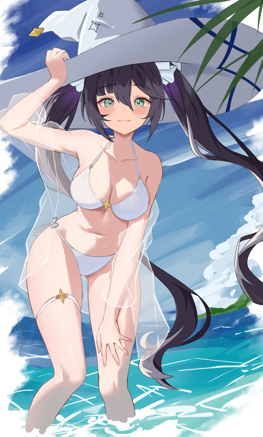 atto_illust bikini garter genshin_impact mona_megistus see_through swimsuits wet witch