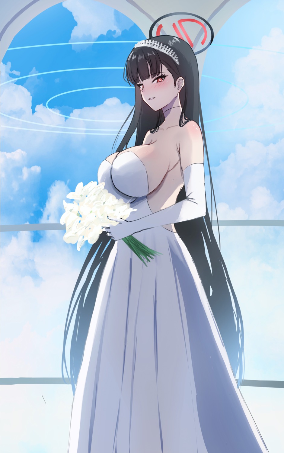 asao_(asaomm12345) blue_archive dress halo no_bra tsukatsuki_rio wedding_dress