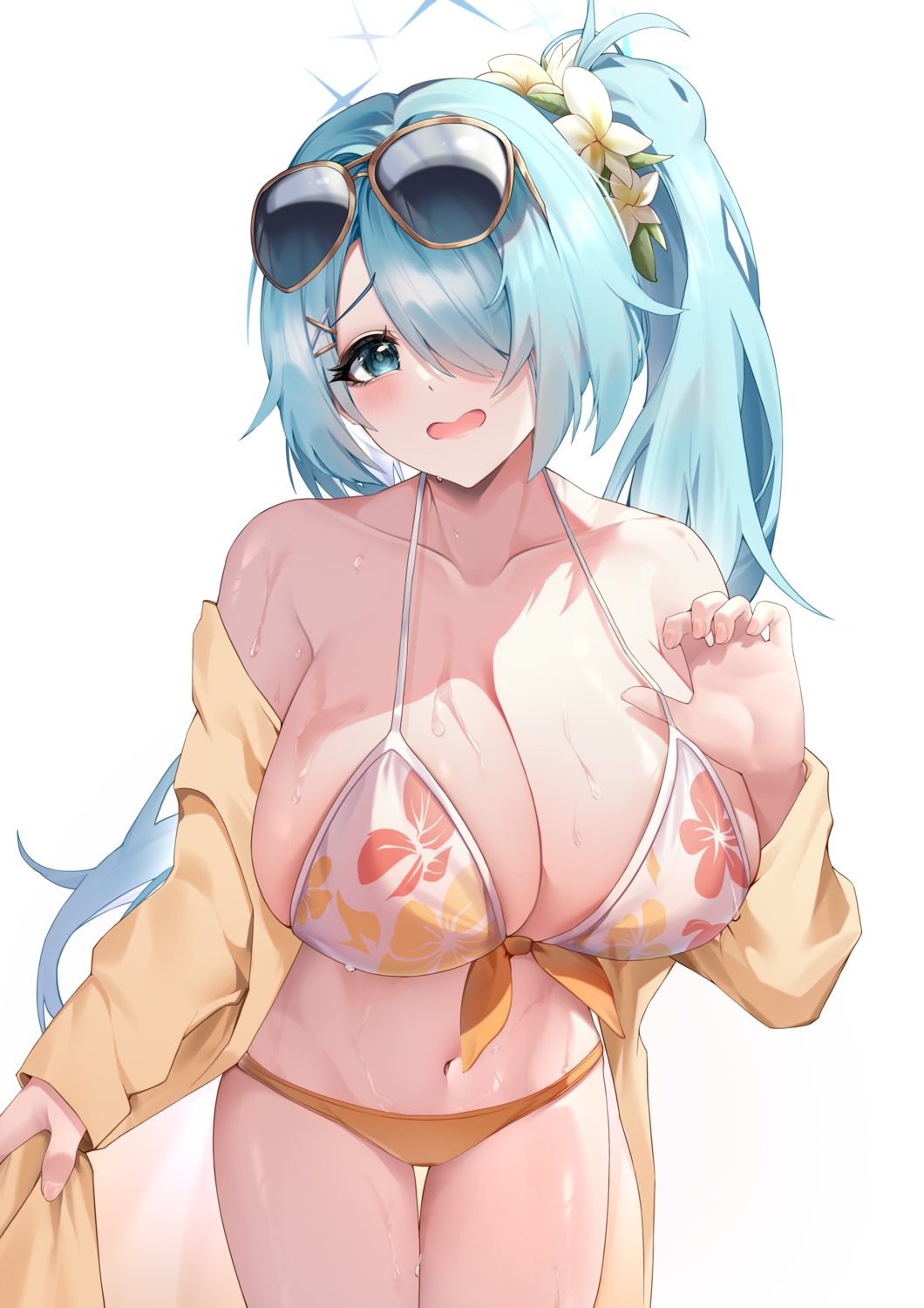 bikini blue_archive halo megane open_shirt sijinni swimsuits tsuchinaga_hiyori wet