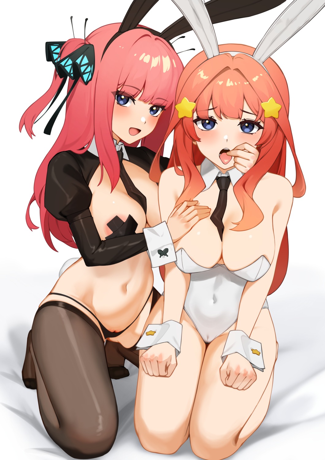 5-toubun_no_hanayome animal_ears areola breast_hold breasts bunny_ears bunny_girl cameltoe ett nakano_itsuki nakano_nino no_bra pantsu pasties pussy tail thighhighs