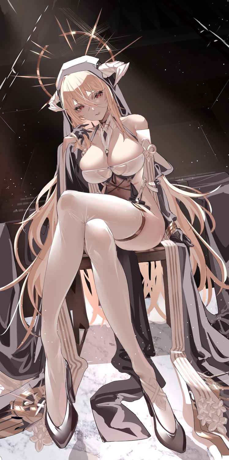 azarashi_(azrsot) azur_lane heels horns implacable_(azur_lane) no_bra nun skirt_lift thighhighs