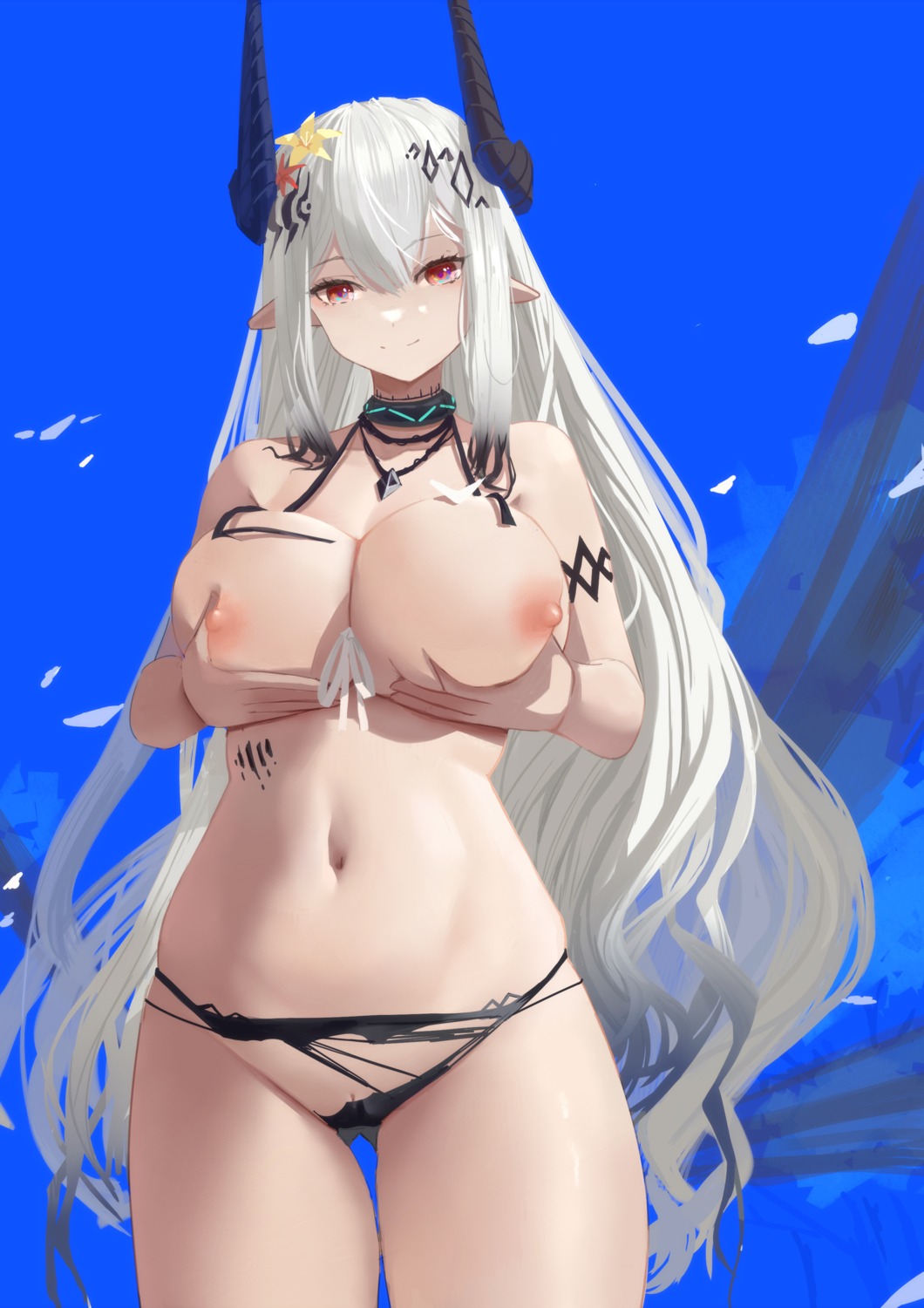 arknights bikini breast_hold breasts horns lwj mudrock_(arknights) nipples pointy_ears pussy swimsuits torn_clothes