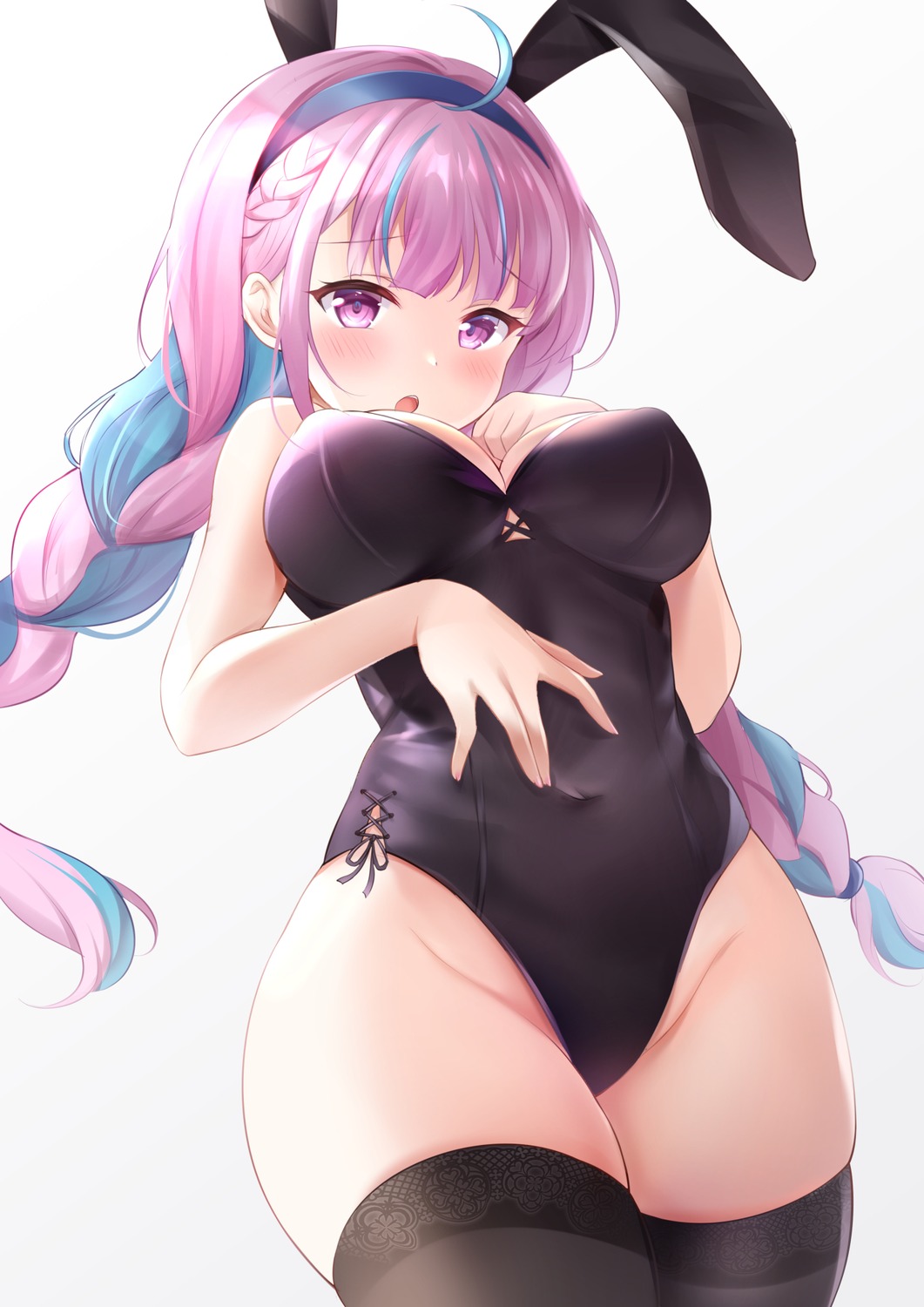 animal_ears bunny_ears bunny_girl hololive minato_aqua nikoo no_bra thighhighs