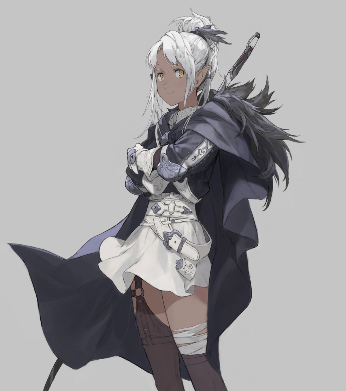 armor bandages hirooka_masaki pointy_ears skirt_lift stockings thighhighs weapon