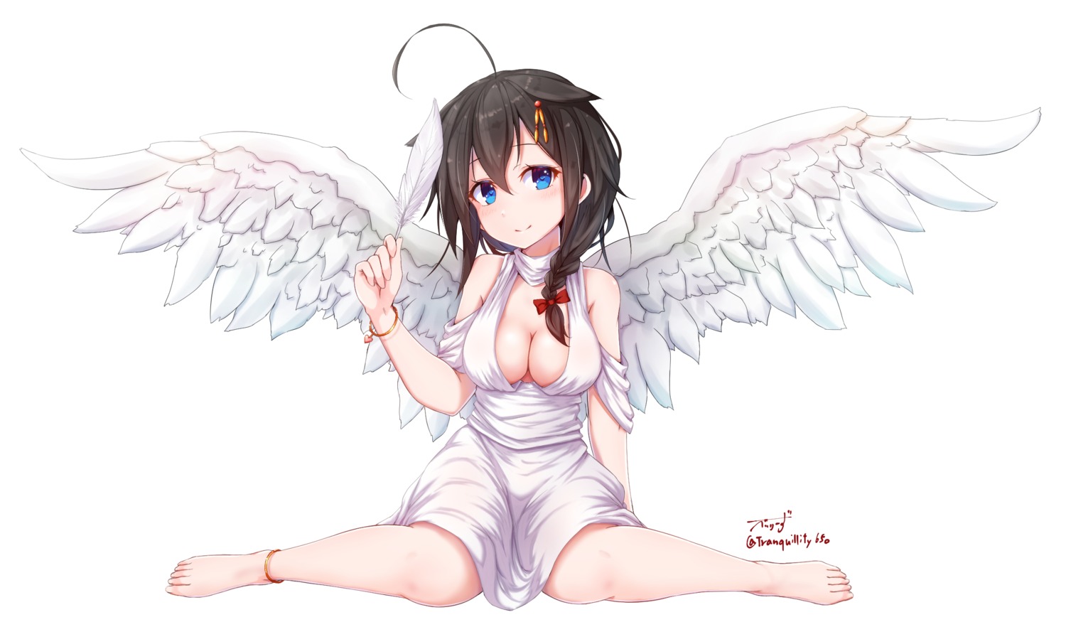 baileys_(tranquillity650) cleavage dress kantai_collection no_bra shigure_(kancolle) wings