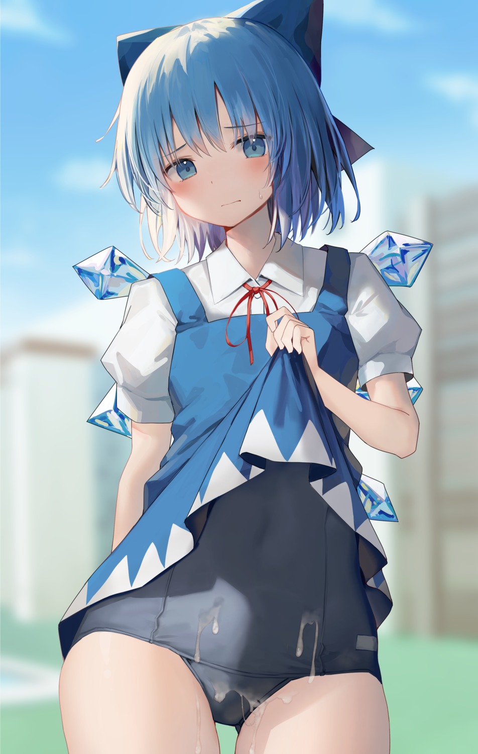 cirno cum dress mamemochi school_swimsuit skirt_lift swimsuits touhou wings