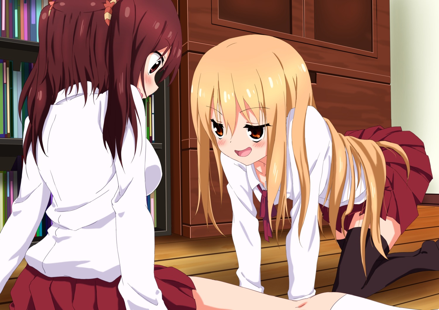 dbmaster doma_umaru ebina_nana himouto!_umaru-chan seifuku skirt_lift thighhighs yuri