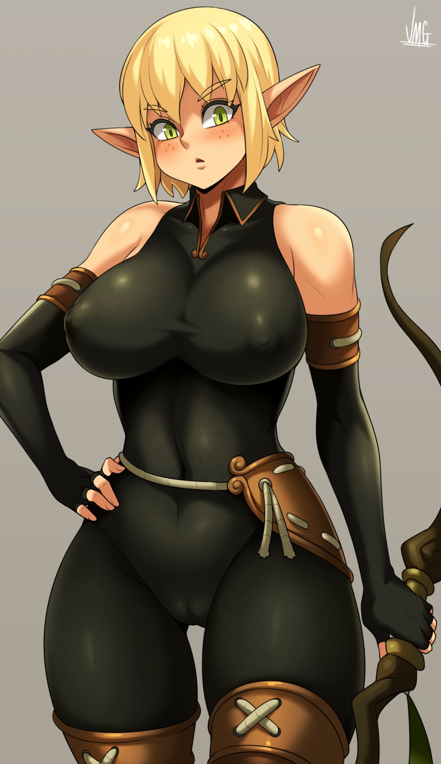 armor bodysuit cameltoe erect_nipples evangelyne_(wakfu) jmg pointy_ears wakfu weapon