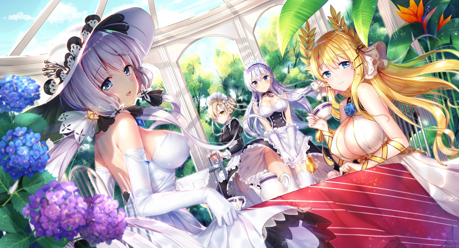 azur_lane belfast_(azur_lane) cleavage dress erect_nipples illustrious_(azur_lane) maid no_bra pantsu sheffield_(azur_lane) silveroid skirt_lift stockings thighhighs victorious_(azur_lane)