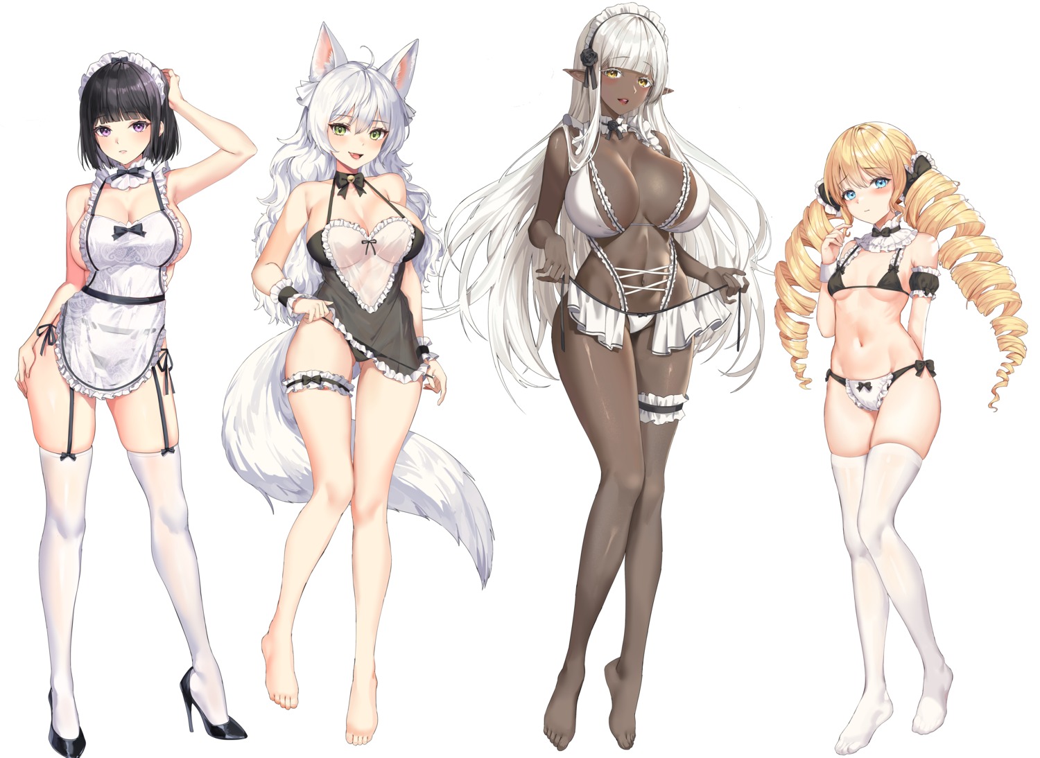 animal_ears bra elf garter garter_belt heels kitsune lillly lingerie maid naked_apron no_bra pantsu panty_pull pointy_ears see_through skirt_lift stockings tail thighhighs undressing