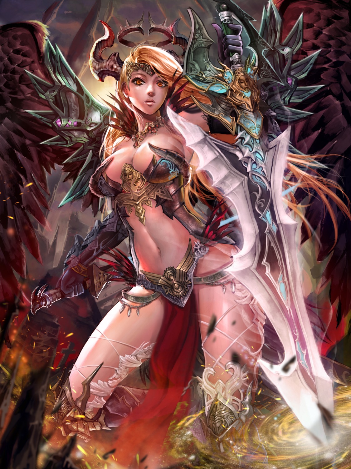 armor cleavage horns ken_(artist) sword thighhighs wings