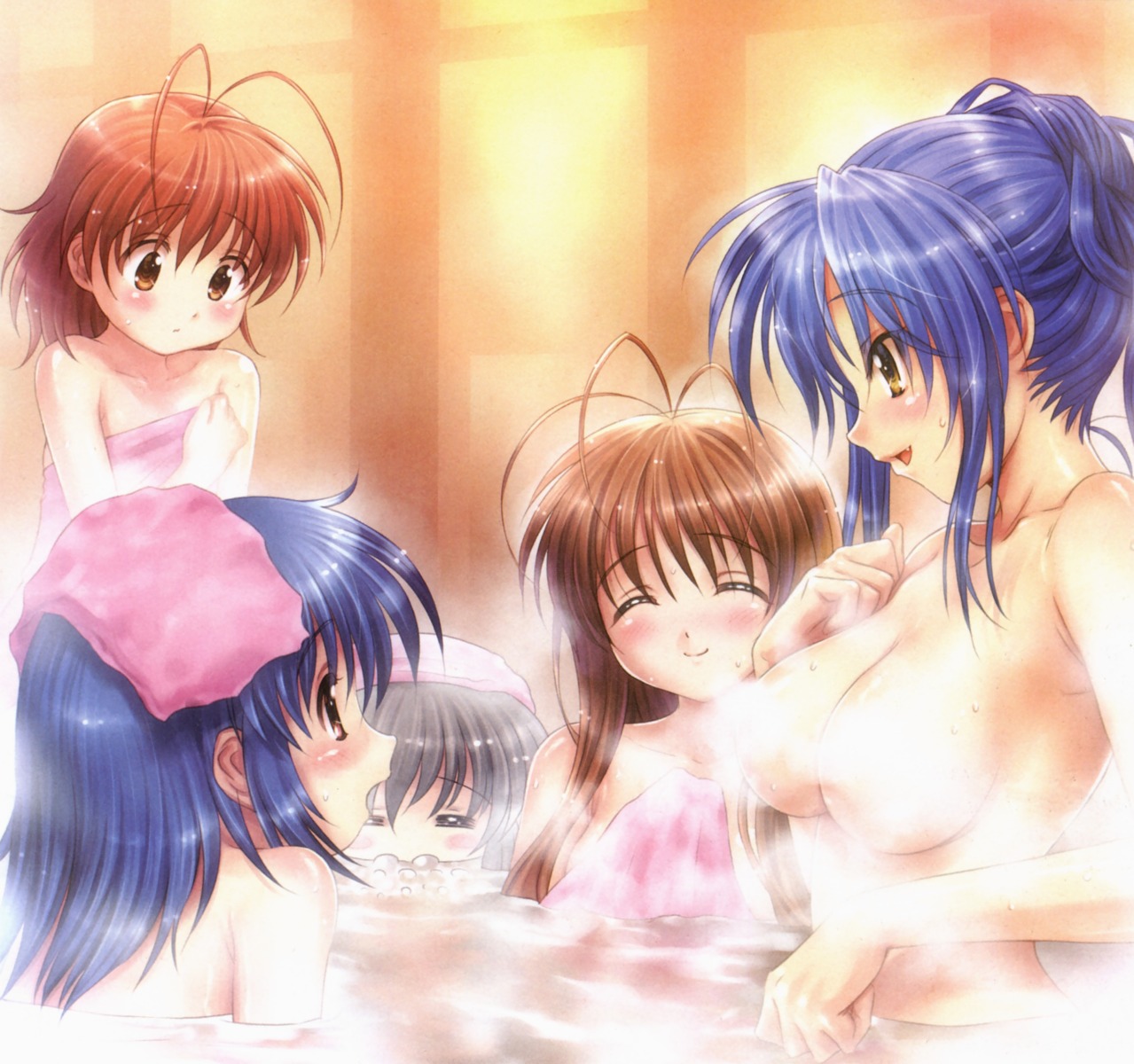 bathing clannad furukawa_nagisa furukawa_sanae goto-p ibuki_fuuko naked sagara_misae sunohara_mei towel wet