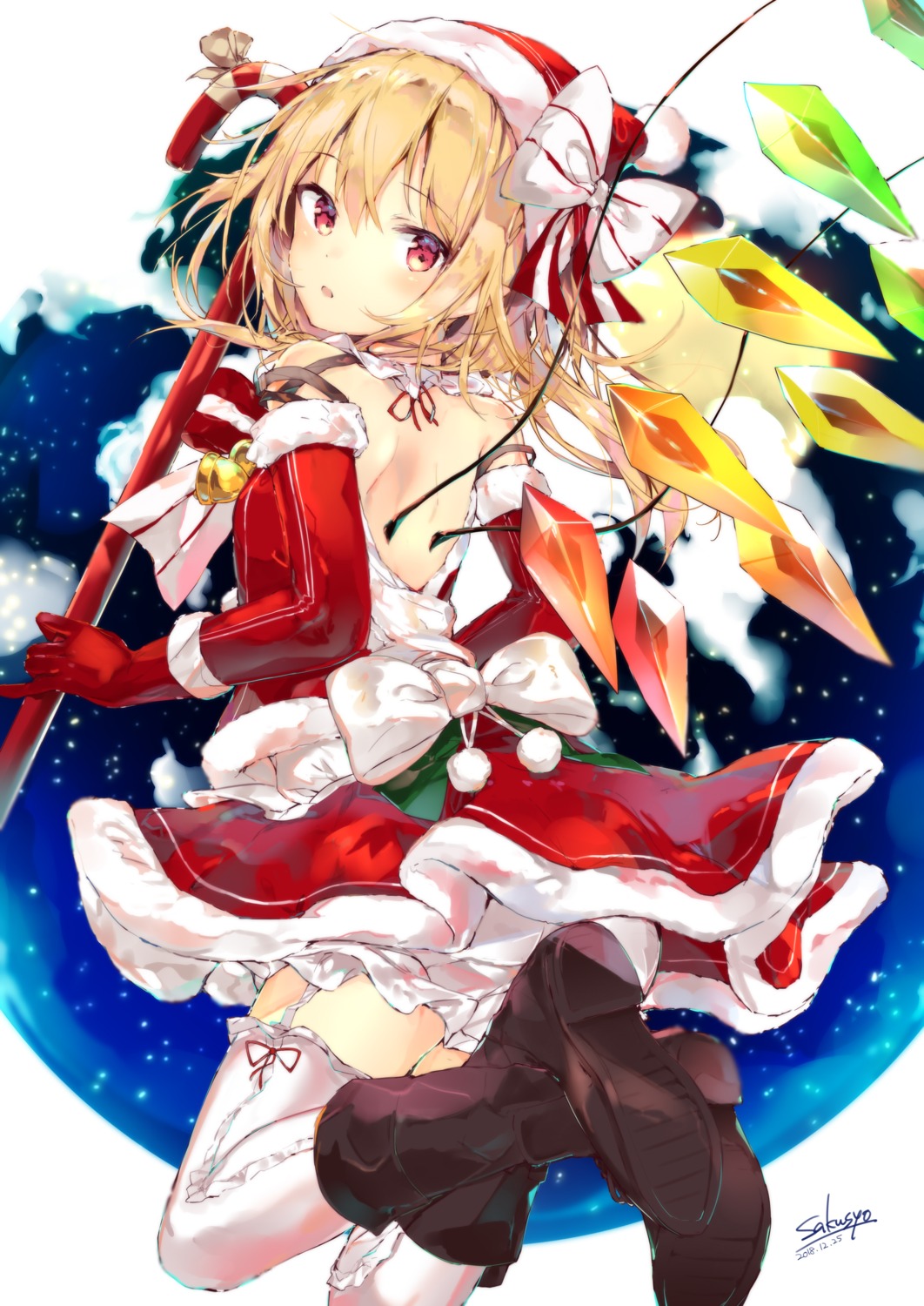 bloomers christmas dress flandre_scarlet heels sakusyo skirt_lift stockings thighhighs touhou wings