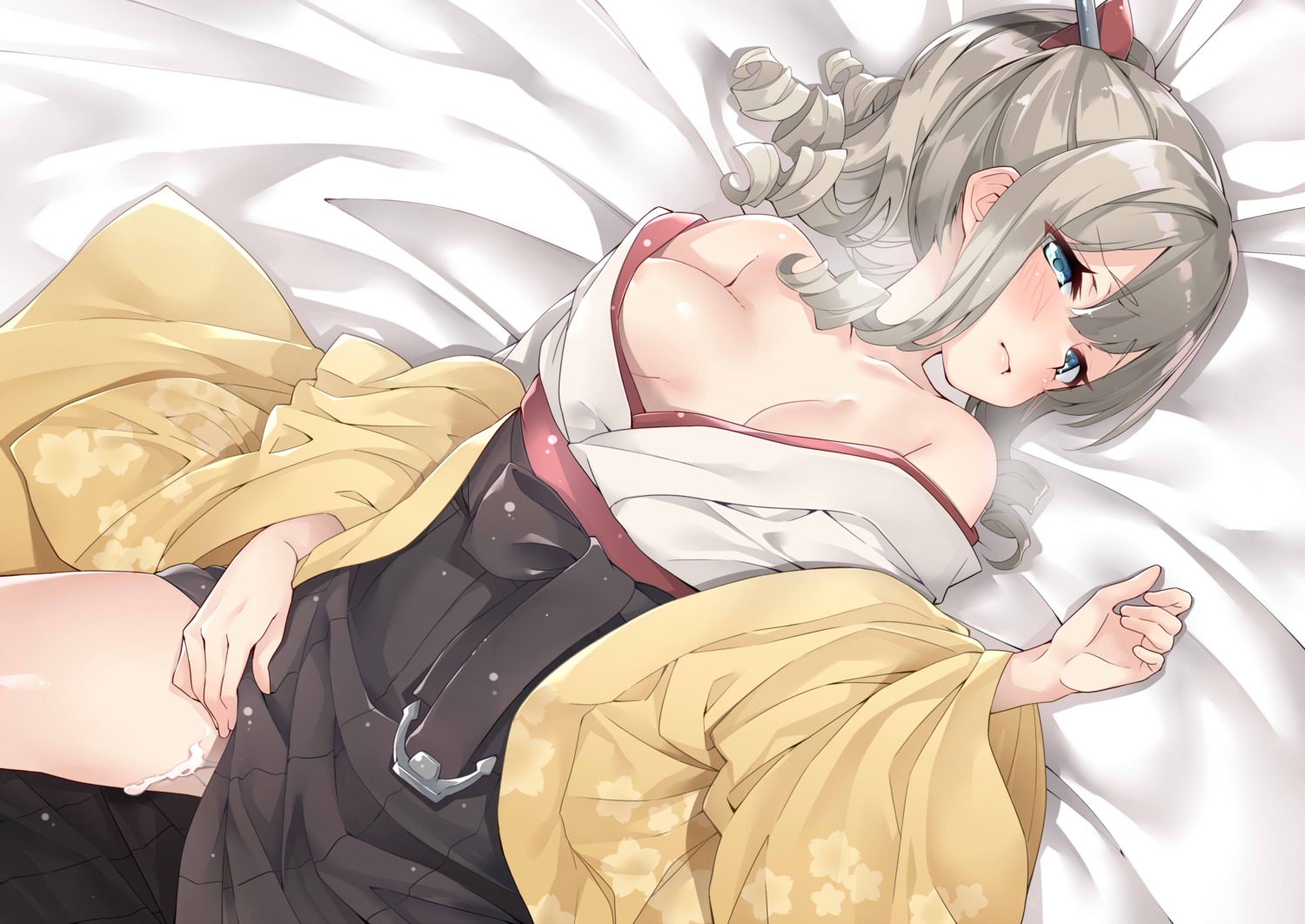 cum ebifurya hatakaze_(kancolle) japanese_clothes kantai_collection no_bra open_shirt skirt_lift