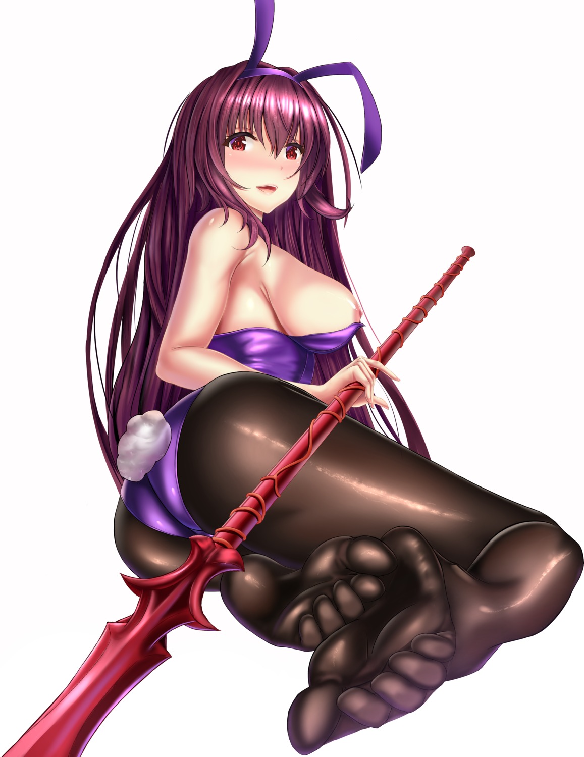 animal_ears ass bunny_ears bunny_girl fate/grand_order feet minted nipples no_bra pantyhose scathach_(fate/grand_order) tail weapon
