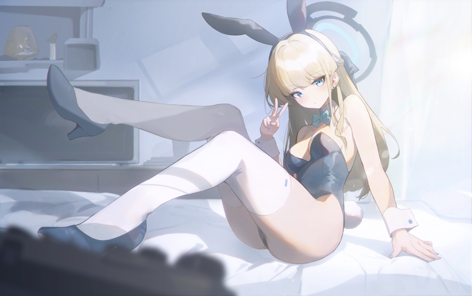 animal_ears asuma_toki blue_archive bunny_ears bunny_girl halo heels kumikoyo no_bra tail thighhighs