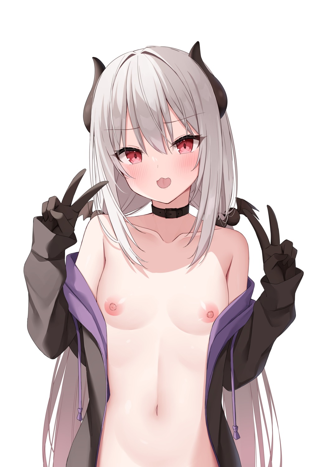 breasts horns kamu_(geeenius) nipples no_bra open_shirt