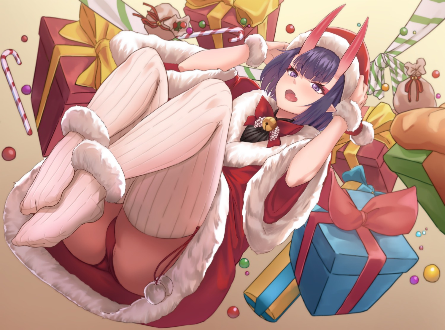 christmas dress fate/grand_order feet horns incloud pantsu pointy_ears shuten_douji_(fate) skirt_lift string_panties thighhighs