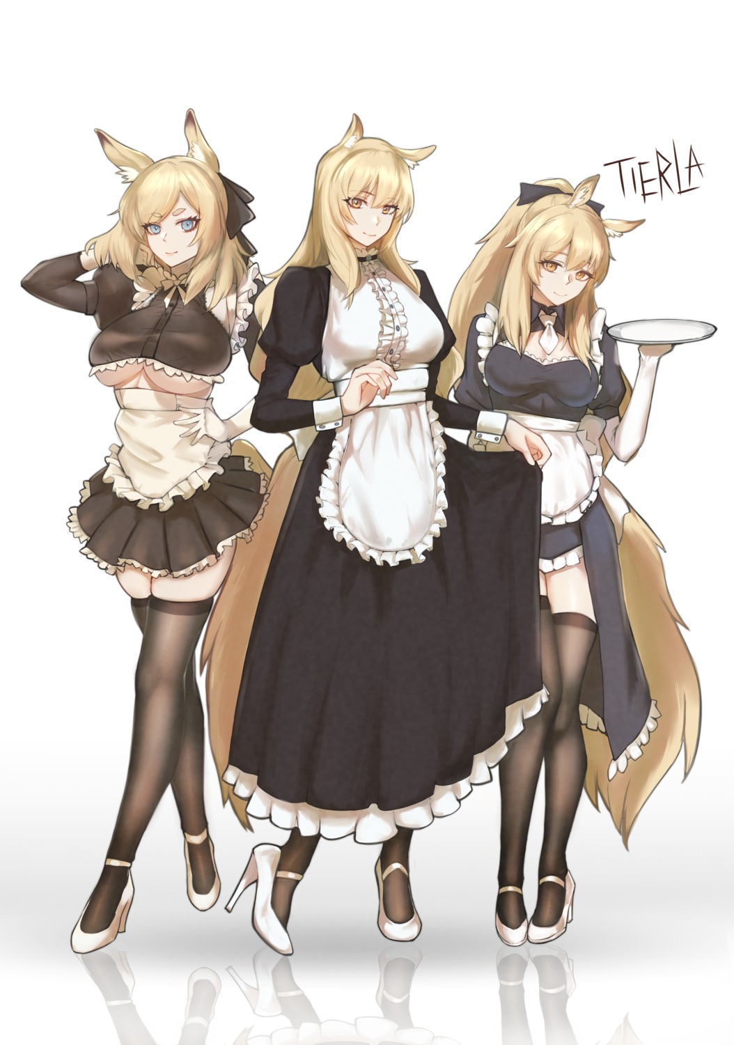 animal_ears arknights blemishine_(arknights) heels maid nearl_(arknights) no_bra tail thighhighs tierla underboob whislash_(arknights)