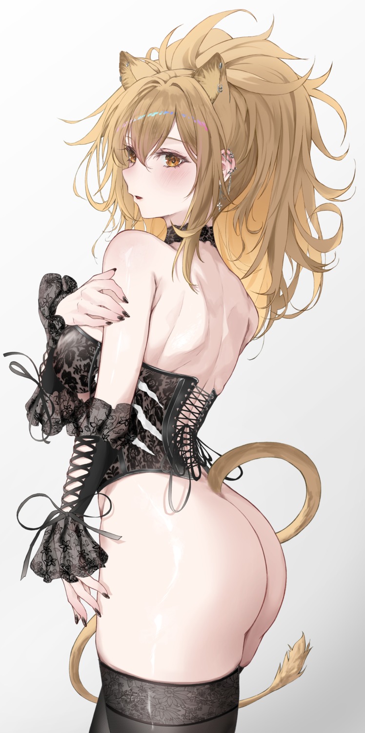 animal_ears arknights ass bottomless corset dlnk no_bra see_through siege_(arknights) tail thighhighs