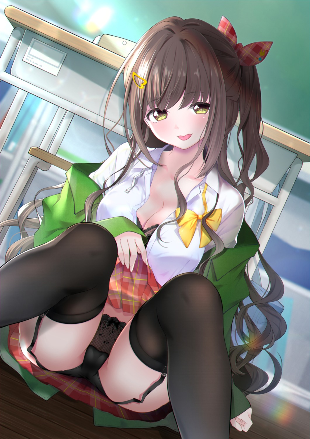 bra cameltoe cleavage himawarino-tane open_shirt pantsu seifuku skirt_lift stockings thighhighs