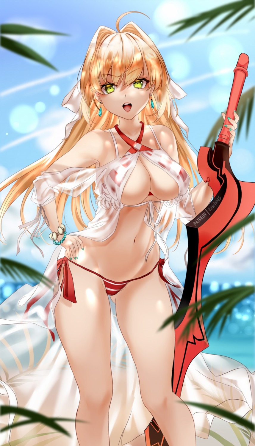 bikini fate/grand_order open_shirt saber_extra see_through swimsuits sword zasshu_tamashii