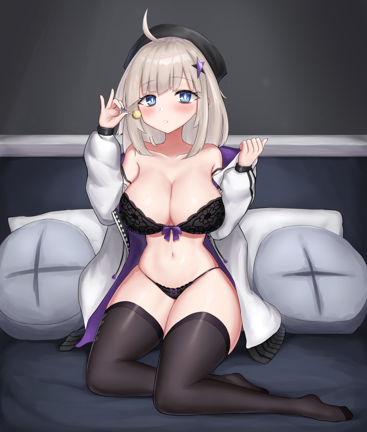 aa-12_(girls_frontline) bra girls_frontline nezumi7983 open_shirt pantsu thighhighs undressing