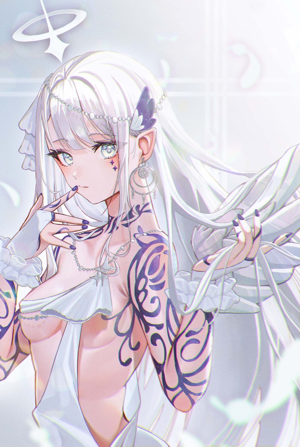 angel no_bra pointy_ears sanada_keisui tattoo wings