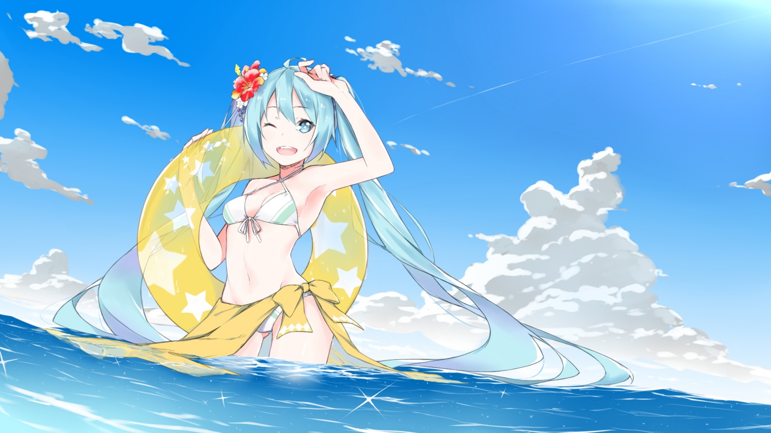 bikini cleavage fhang hatsune_miku swimsuits vocaloid wallpaper wet