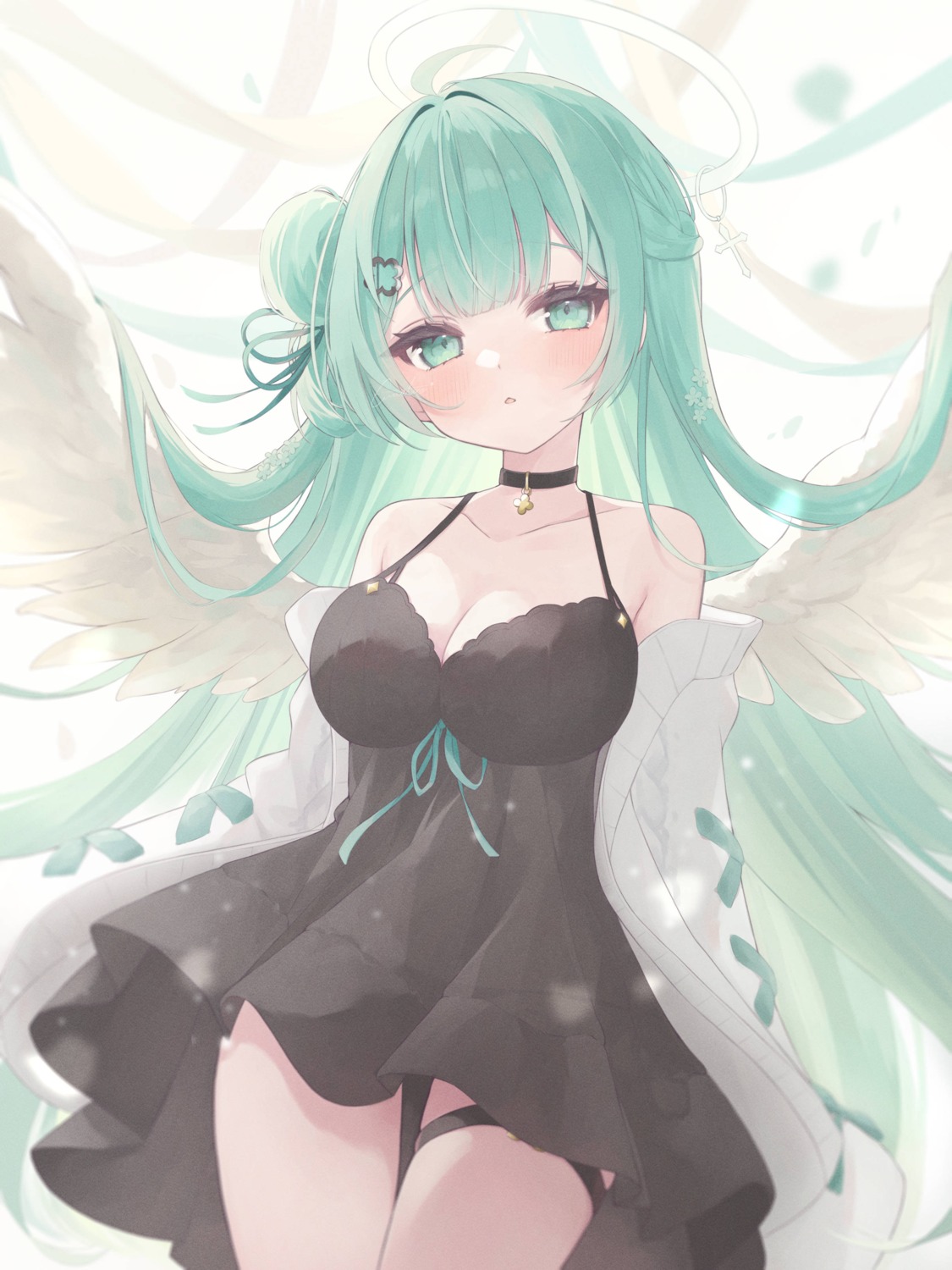 angel dress fuwa_toco garter no_bra pantsu see_through skirt_lift sweater wings