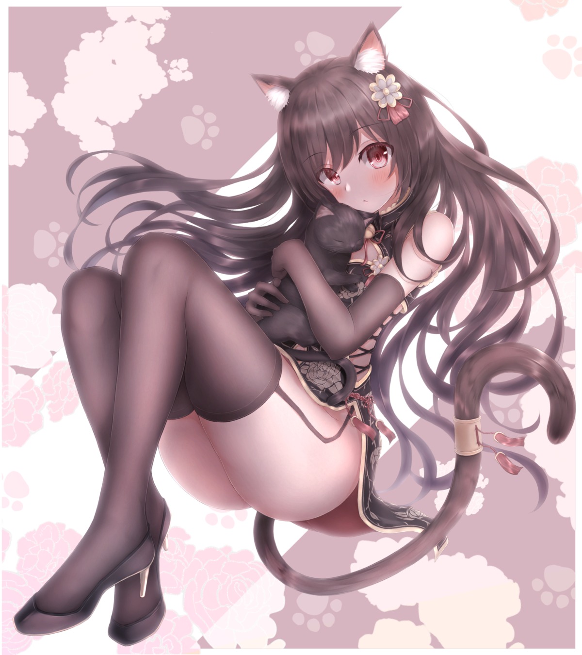 absent animal_ears chinadress heels neko nekomimi skirt_lift stockings tail thighhighs