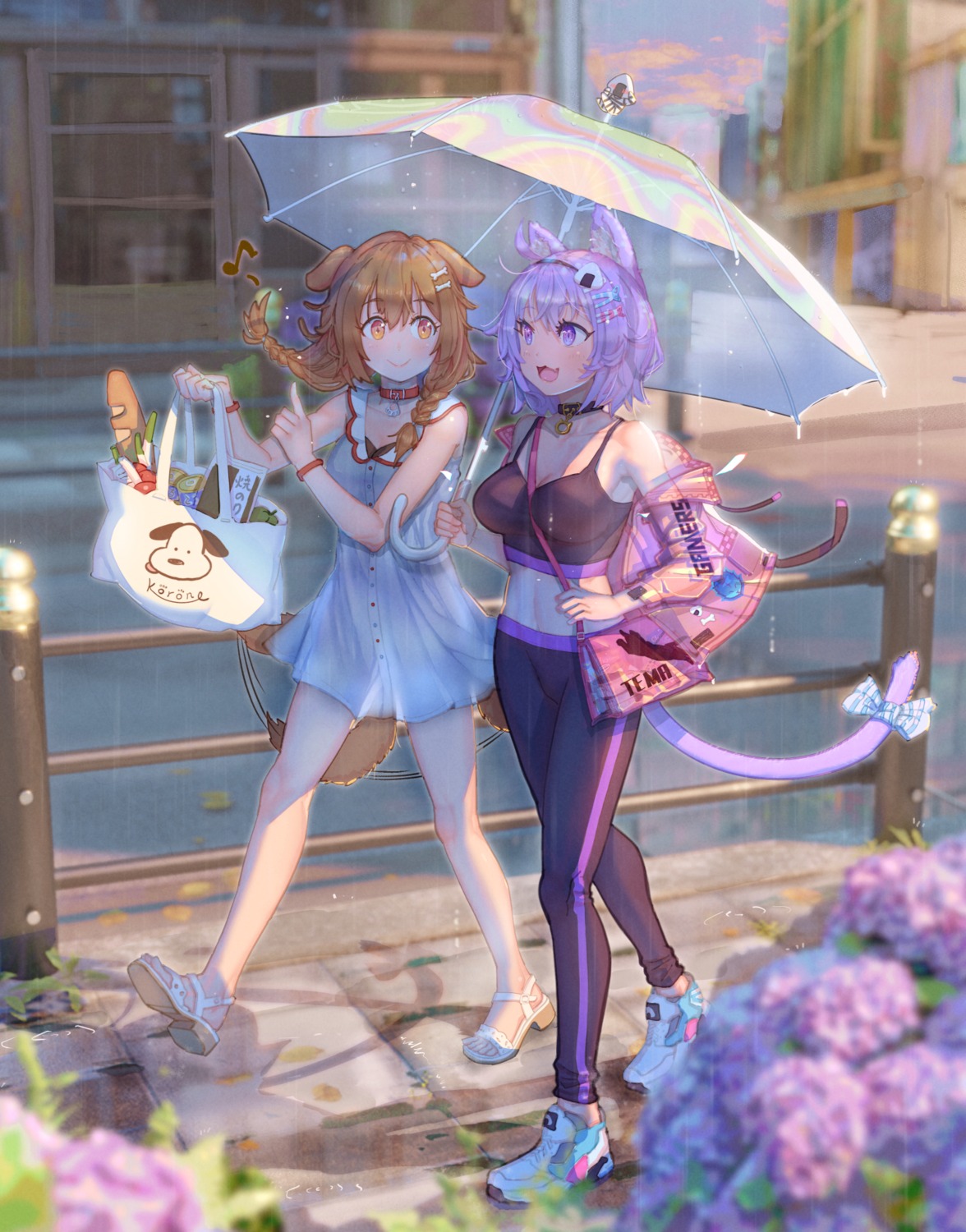 animal_ears bra cleavage cucumbear073 dress gym_uniform hololive hololive_gamers inugami_korone inumimi nekomata_okayu nekomimi see_through summer_dress tail umbrella