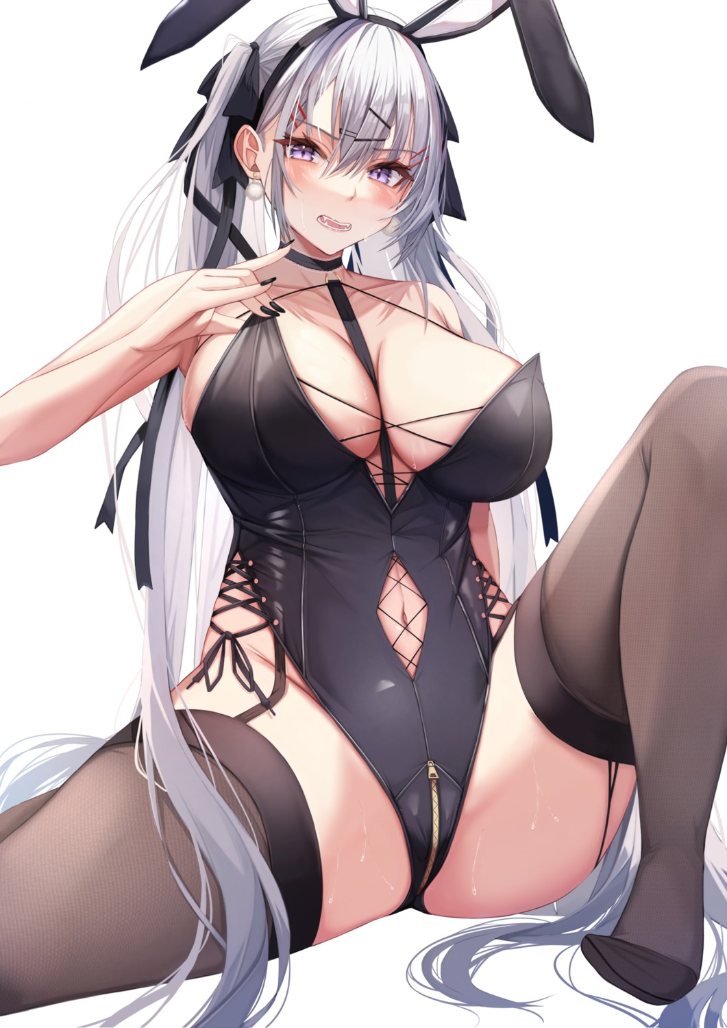 animal_ears bunny_ears bunny_girl fishnets kazuha_(saku_kn) no_bra stockings thighhighs wet