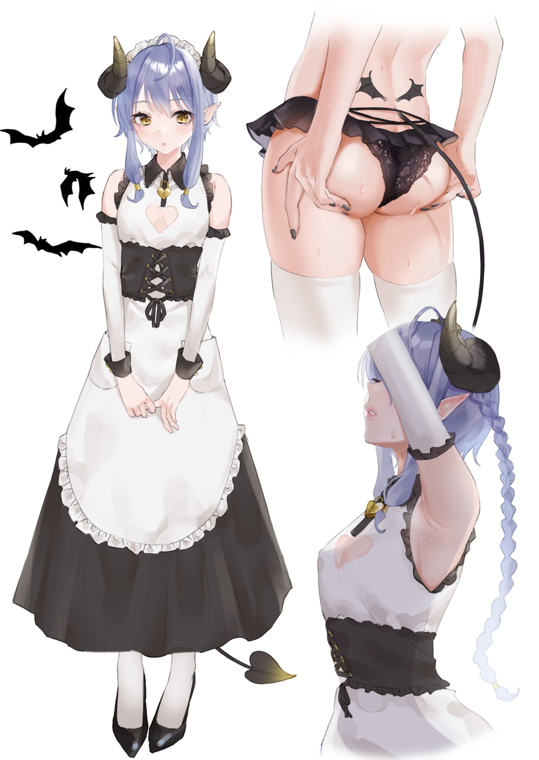 ass ass_grab cleavage horns maid mugika no_bra pantsu pointy_ears tail tattoo thighhighs topless wet