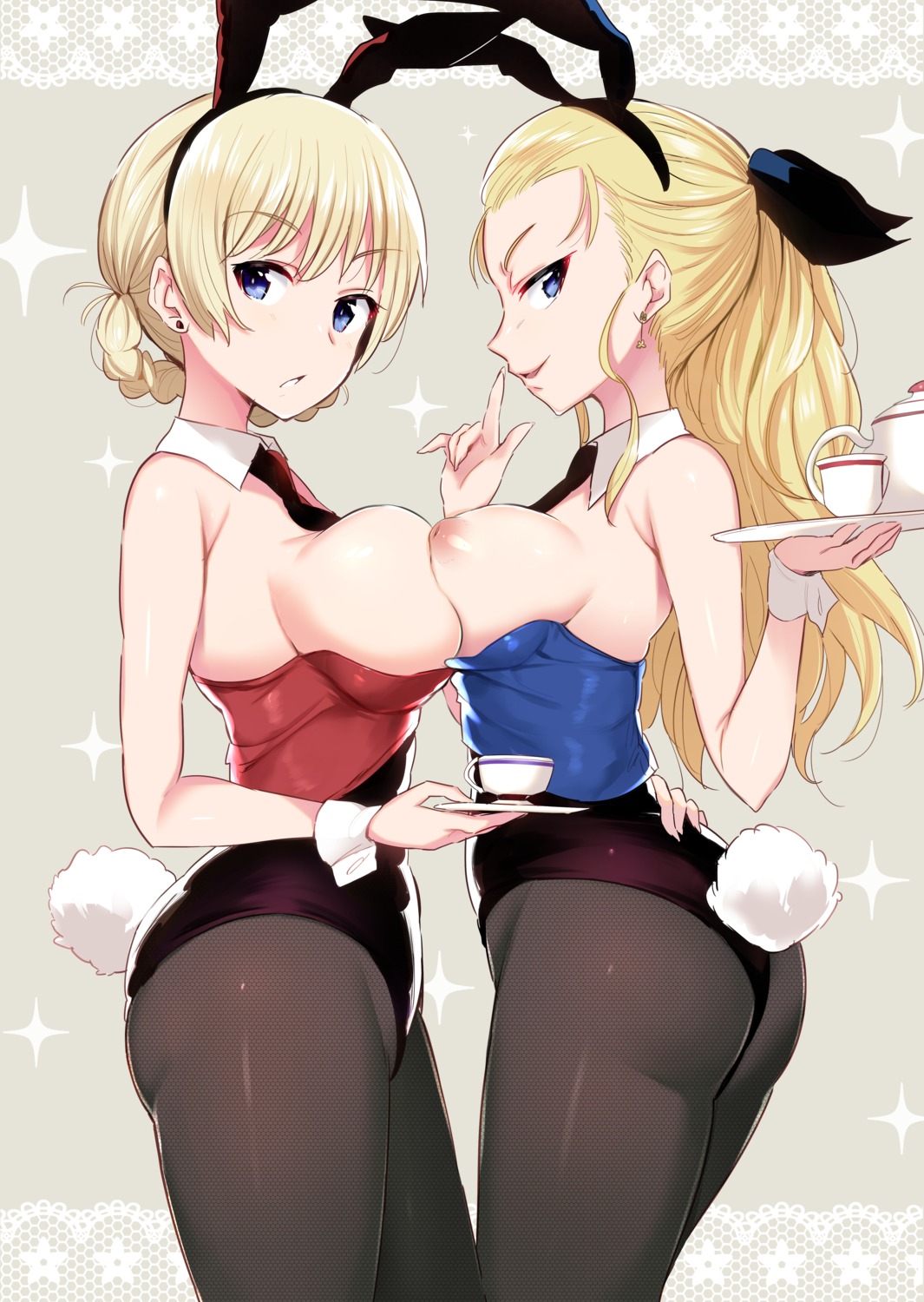 animal_ears ass assam breasts bunny_ears bunny_girl darjeeling fishnets girls_und_panzer nipples no_bra noripachi pantyhose symmetrical_docking tail