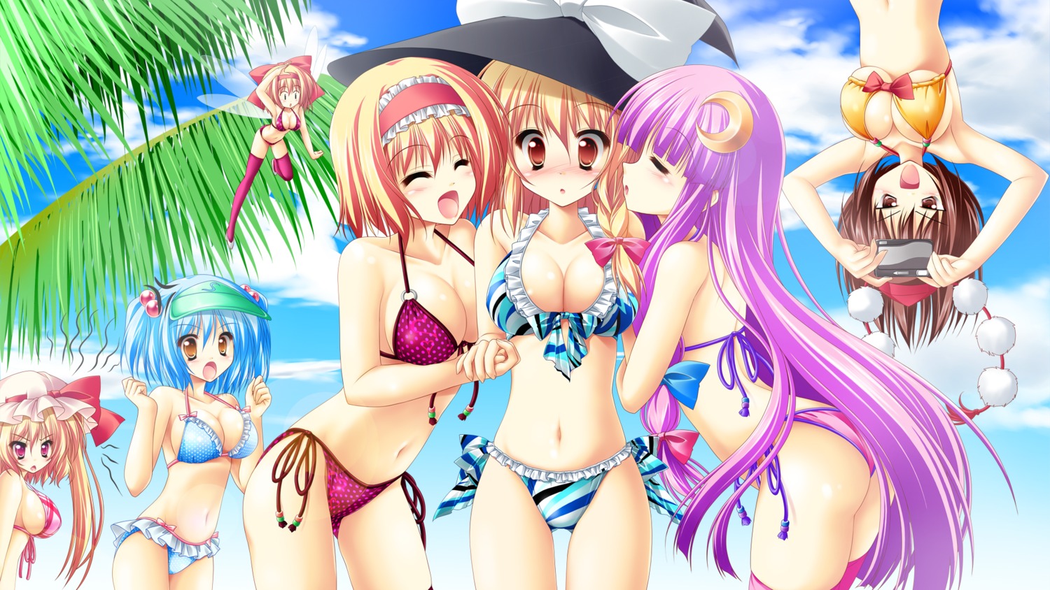 alice_margatroid bikini cleavage flandre_scarlet kamiya_tomoe kawashiro_nitori kirisame_marisa patchouli_knowledge shameimaru_aya shanghai_doll swimsuits touhou wallpaper