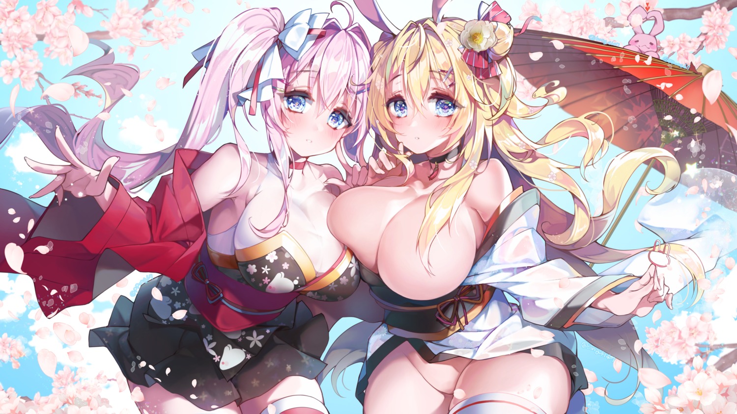 animal_ears breasts bunny_ears cleavage japanese_clothes kanola_u no_bra nopan open_shirt see_through thighhighs umbrella wallpaper