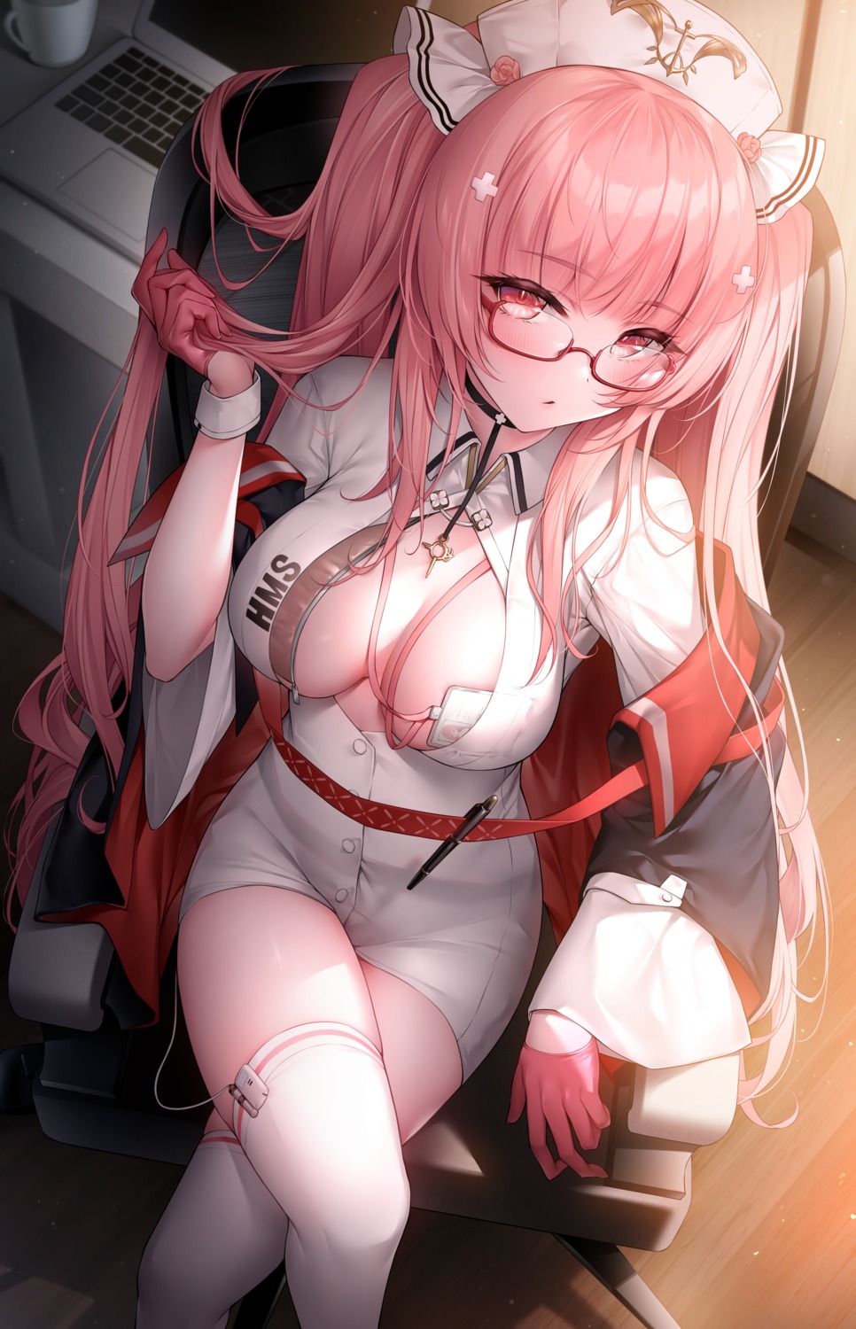 azur_lane megane no_bra nurse open_shirt oyuwari perseus_(azur_lane) thighhighs