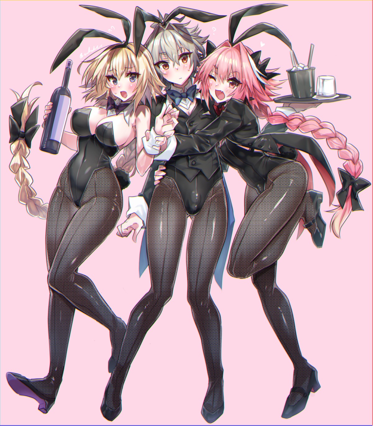 animal_ears astolfo_(fate) bunny_ears bunny_girl crossdress fate/apocrypha fate/stay_night fishnets haoro heels jeanne_d'arc jeanne_d'arc_(fate) no_bra pantyhose sieg_(fate/apocrypha) tail trap